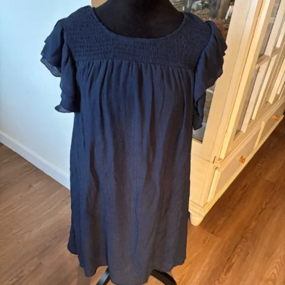 Indigo Rose Navy Smocked Yoke Flutter Sleeve Boho Cottagecore Dress EUC M - Picture 1 of 6